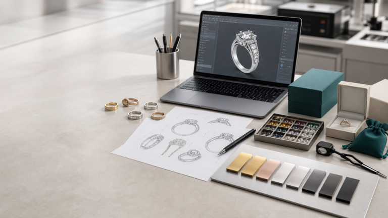 Custom jewelry OEM and ODM design desk with CAD model, samples, metal swatches, and branded packaging