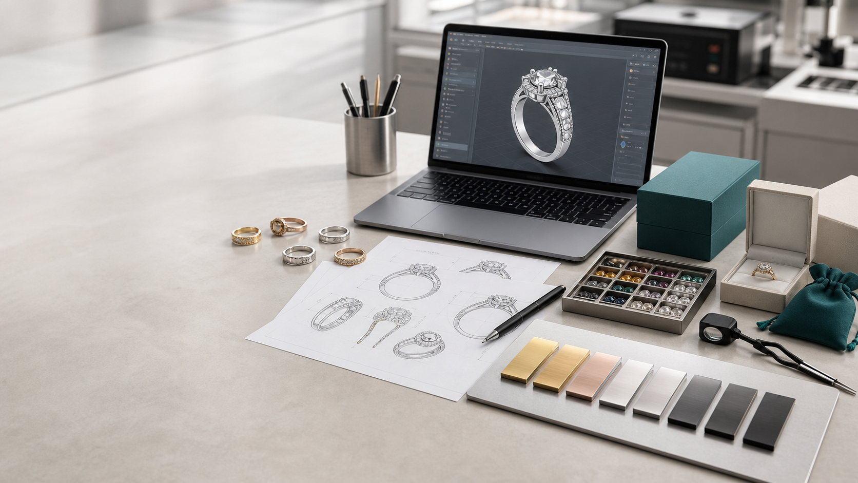 Custom jewelry OEM and ODM design desk with CAD model, samples, metal swatches, and branded packaging
