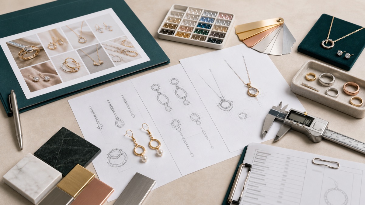 Custom jewelry design brief with sketches, reference images, material swatches, and measurement tools