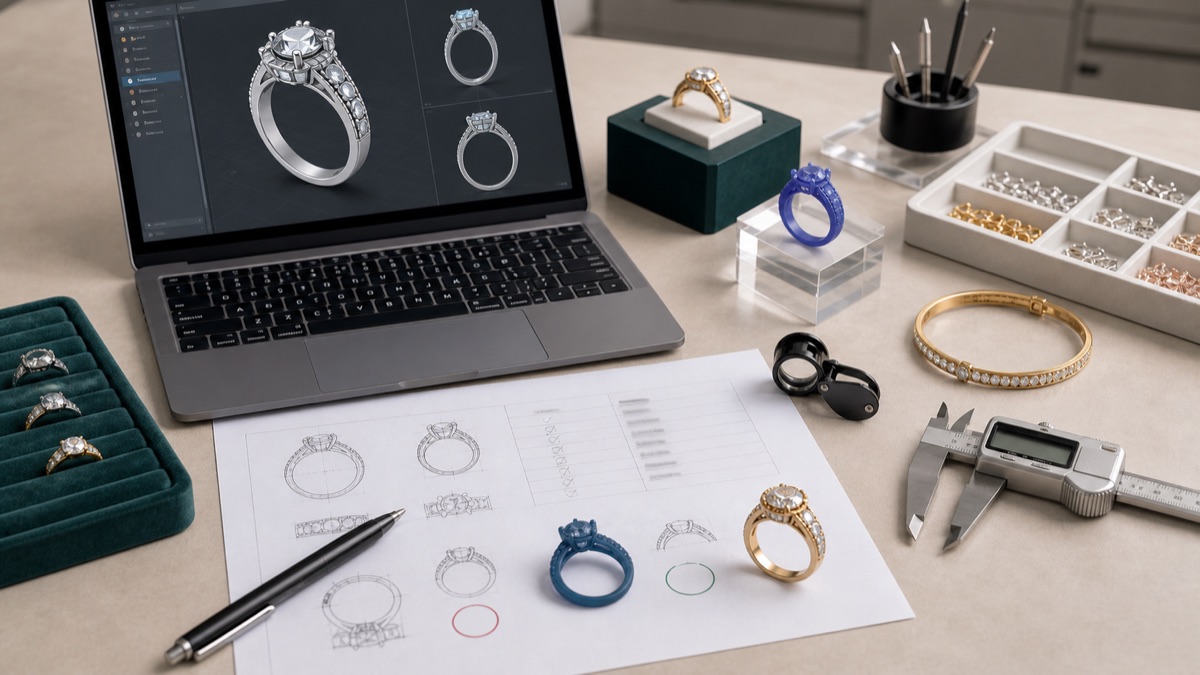 Jewelry sampling and approval process with CAD design, resin prototype, finished sample, and inspection tools