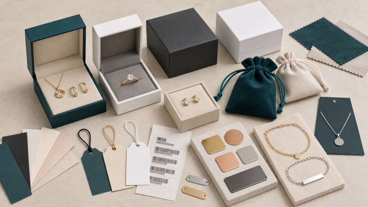 Private label jewelry branding with custom packaging, velvet pouches, hangtags, and finished jewelry