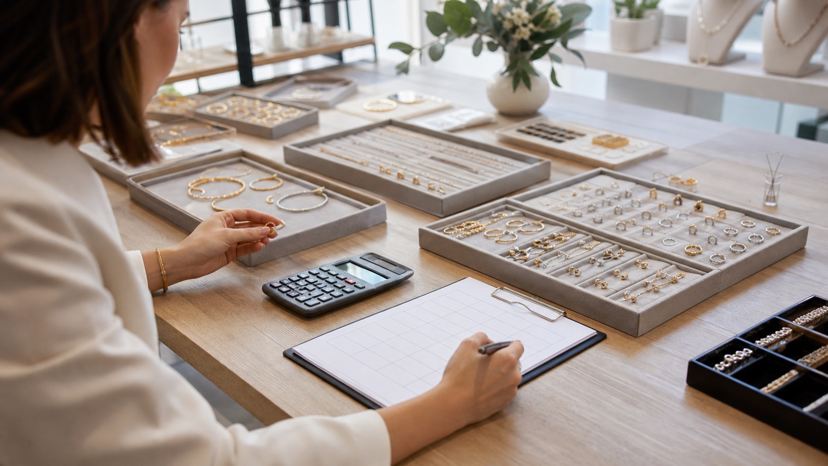 Jewelry brand buyer planning minimum order quantities with product trays and calculator