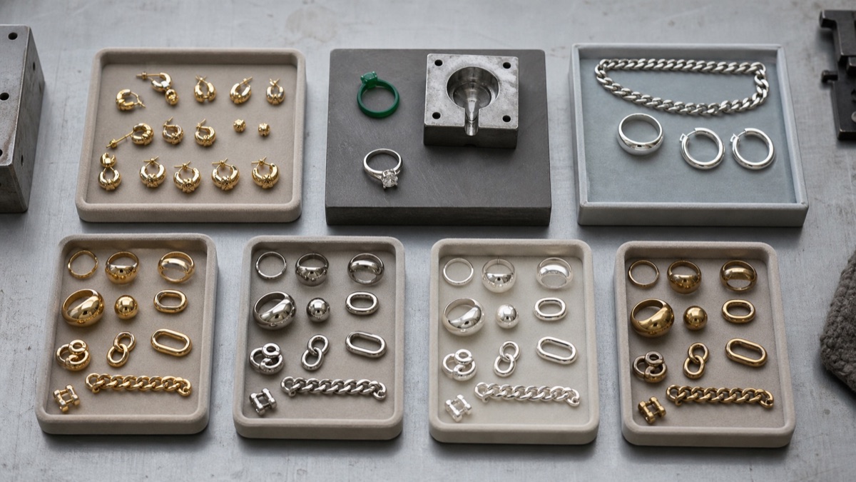 Jewelry production trays comparing stock custom and different material MOQ categories