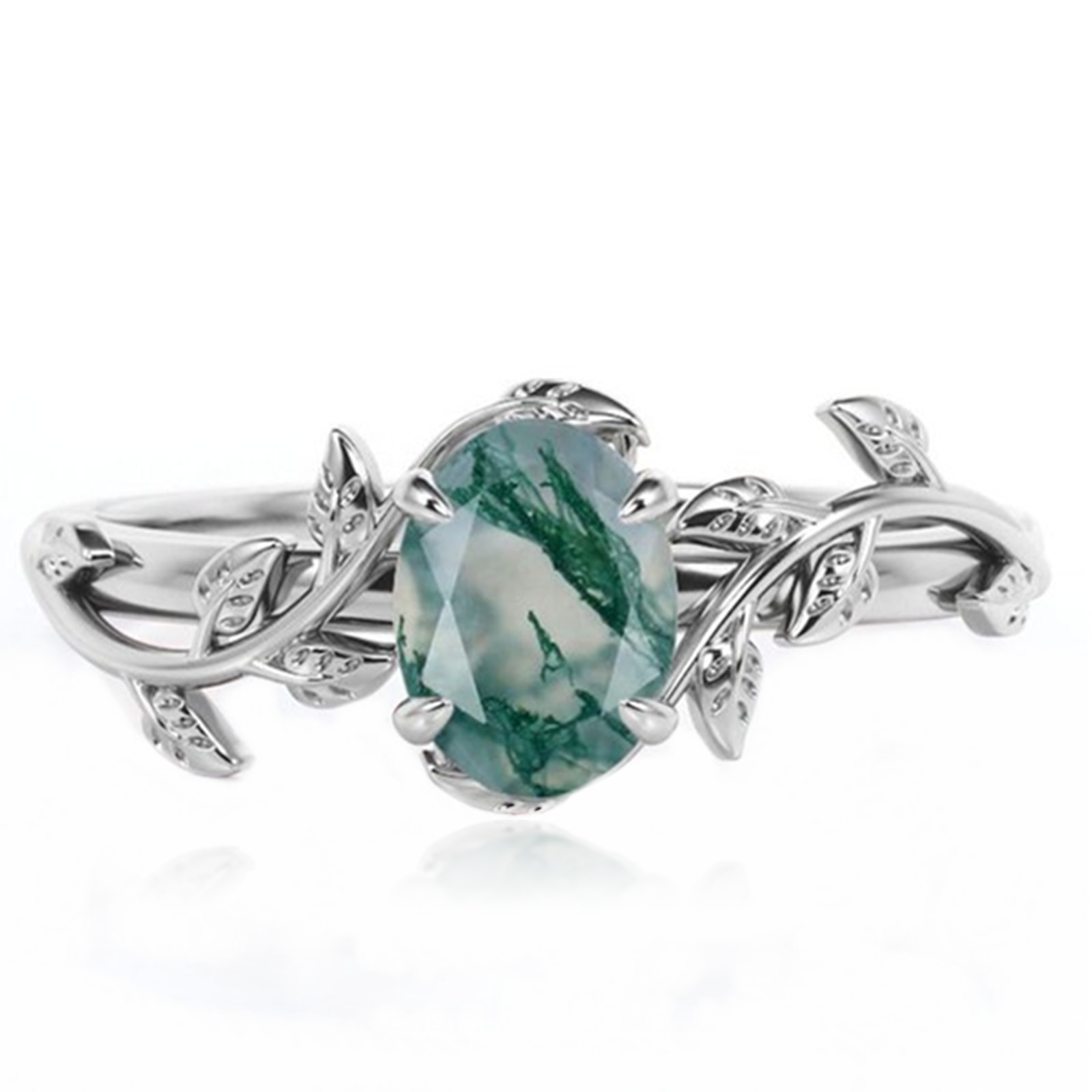 Moss agate engagement ring, rose-cut oval stone in a 925 sterling silver vine and leaf band, item 807001