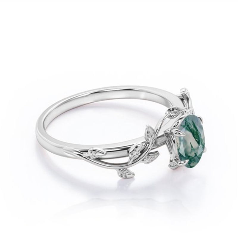 Side profile of 925 silver moss agate engagement ring showing the vine band detail
