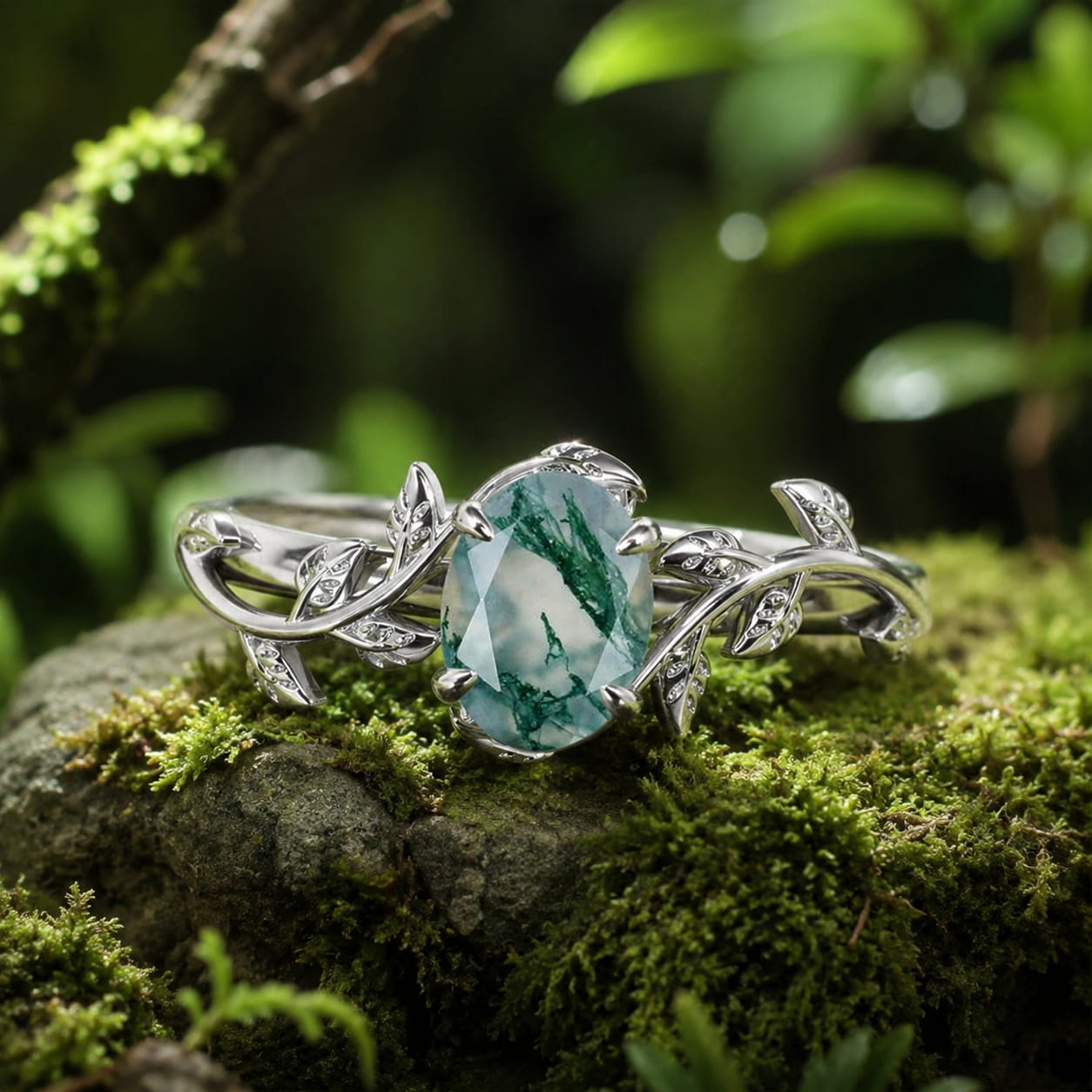 Moss agate engagement ring on a mossy stone, showing green dendritic inclusions in the oval rose-cut agate